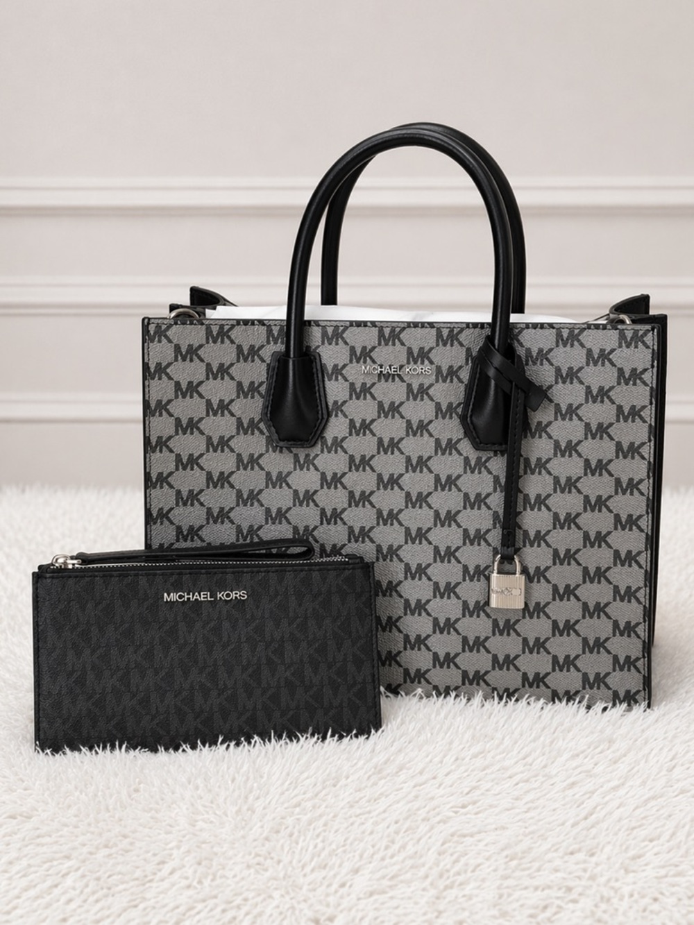 Michael Kors Mercer Tote Jet Set Double Zip Wallet Gray/Black NWOT Set